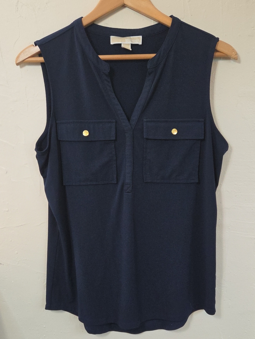 Michael Kors Navy Sleeveless V-Neck Tank with Gold Buttons Size M